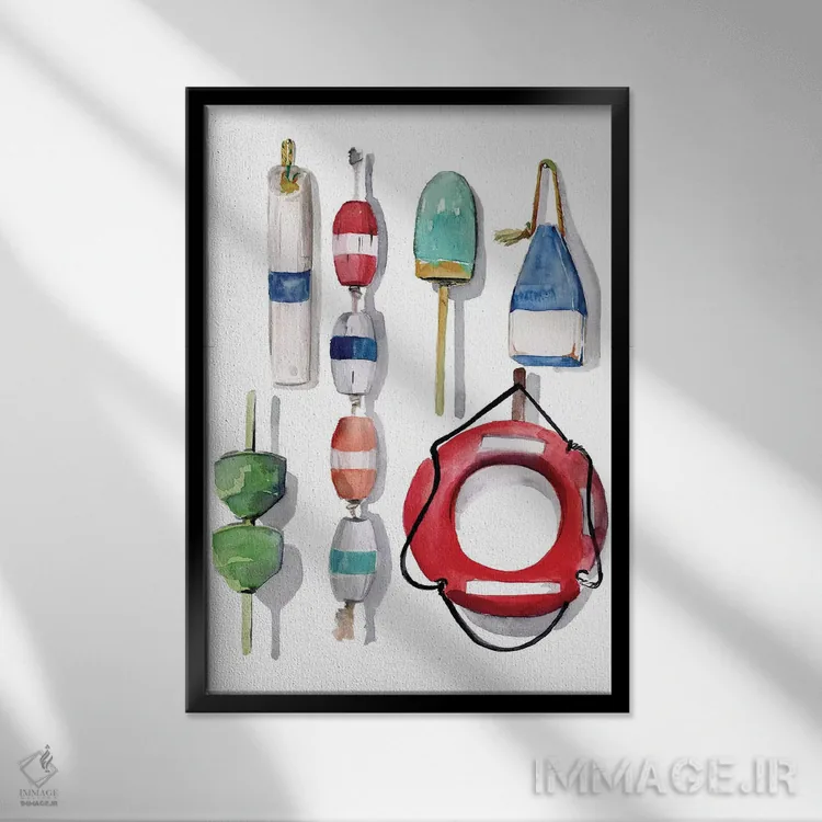 تابلو دکوراتیو بویه های نقاشی شده با آبرنگ ۲ اثر جنیفر پکستون پارکر - نمای قابدار مشکی