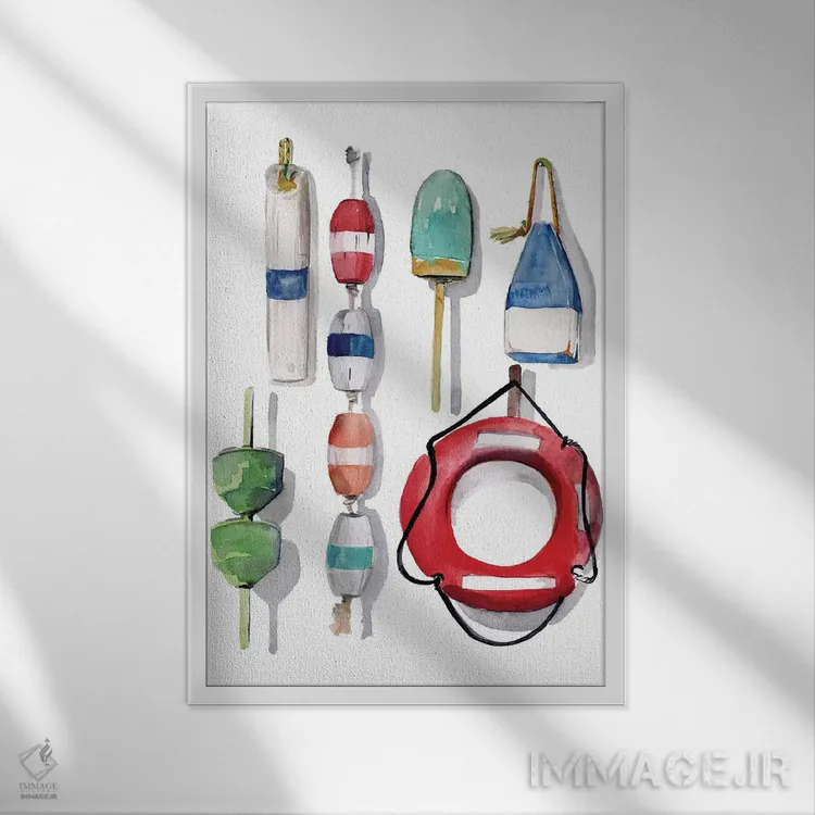 تابلو دکوراتیو بویه های نقاشی شده با آبرنگ ۲ اثر جنیفر پکستون پارکر - نمای قابدار سفید