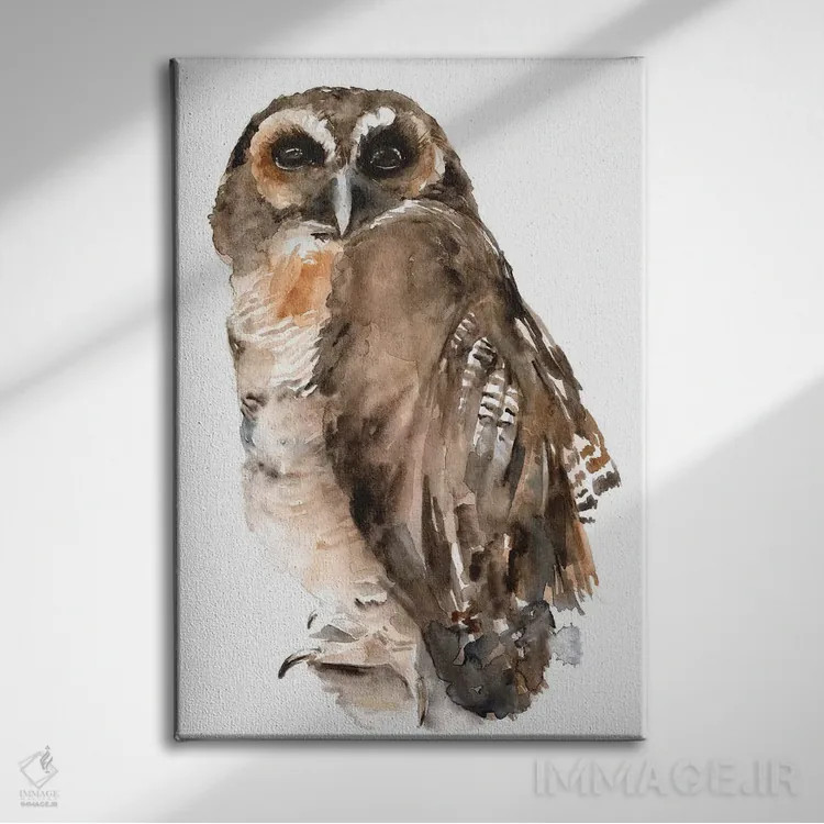 تابلو دکوراتیو جغد با آبرنگ ۱ اثر جنیفر پکستون پارکر - نمای روبهرو روی دیوار