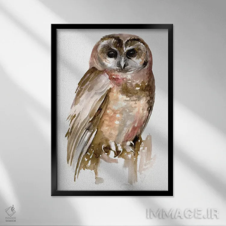 تابلو دکوراتیو جغد با آبرنگ ۲ اثر جنیفر پکستون پارکر - نمای قابدار مشکی