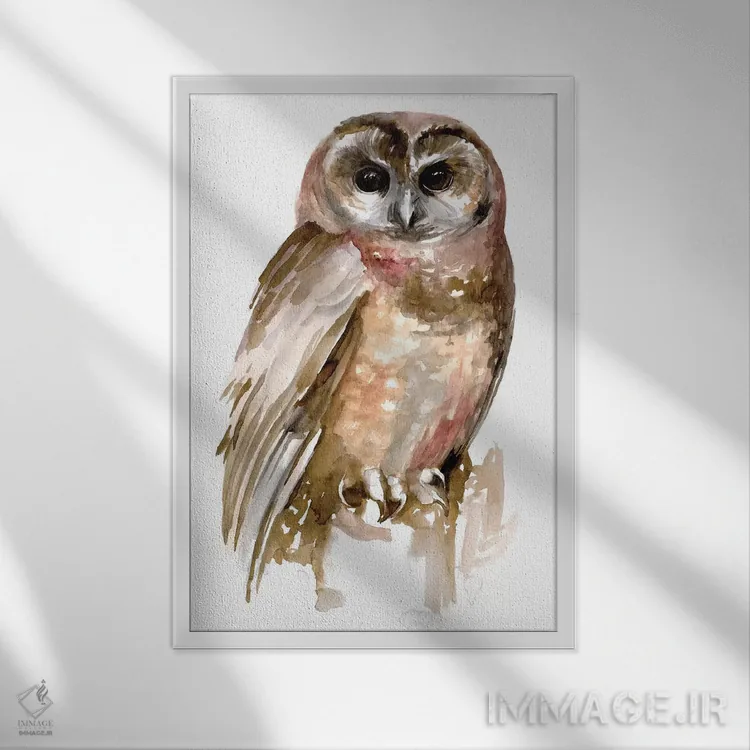 تابلو دکوراتیو جغد با آبرنگ ۲ اثر جنیفر پکستون پارکر - نمای قابدار سفید