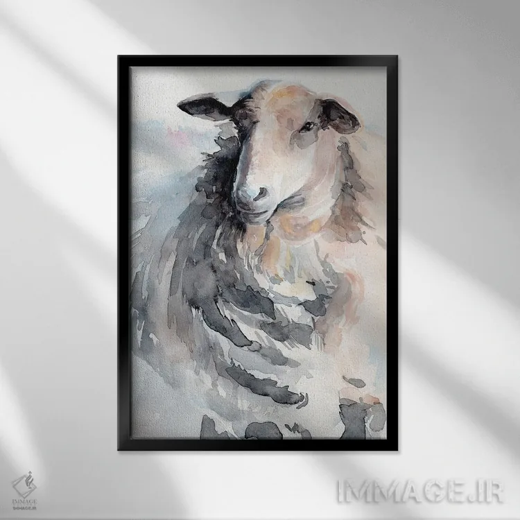 تابلو مدرن گوسفند با آبرنگ ۲ اثر جنیفر پکستون پارکر - نمای قابدار مشکی