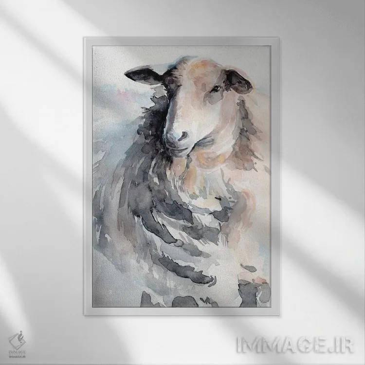 تابلو مدرن گوسفند با آبرنگ ۲ اثر جنیفر پکستون پارکر - نمای قابدار سفید
