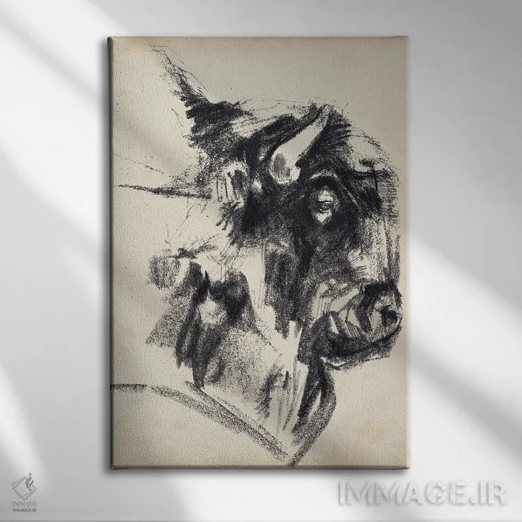 تابلو انتزاعی اشاره سر گاومیش کوهان دار ۱ اثر جنیفر پکستون پارکر - نمای روبهرو روی دیوار