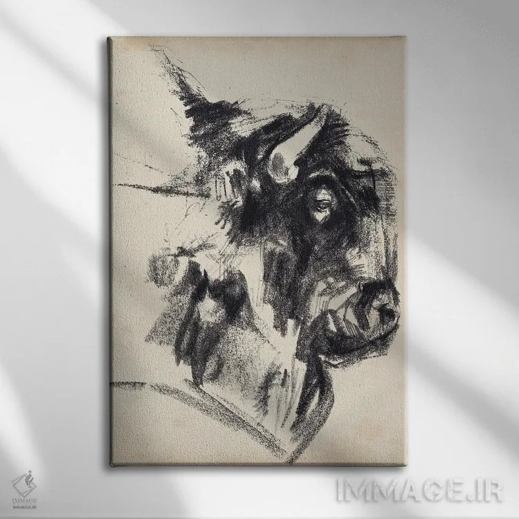 تابلو انتزاعی اشاره سر گاومیش کوهان دار ۱ اثر جنیفر پکستون پارکر - نمای روبهرو روی دیوار