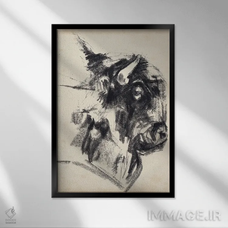 تابلو انتزاعی اشاره سر گاومیش کوهان دار ۱ اثر جنیفر پکستون پارکر - نمای قابدار مشکی