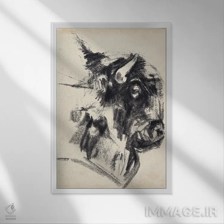 تابلو انتزاعی اشاره سر گاومیش کوهان دار ۱ اثر جنیفر پکستون پارکر - نمای قابدار سفید