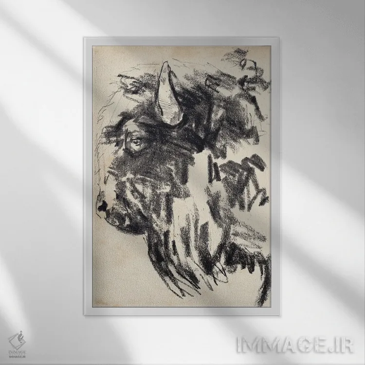 تابلو انتزاعی اشاره سر گاومیش کوهان دار ۲ اثر جنیفر پکستون پارکر - نمای قابدار سفید