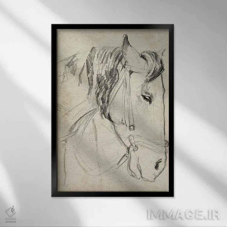 تابلو مدرن اسب با مهار به صورت طراحی ۱ اثر جنیفر پکستون پارکر - نمای قابدار مشکی