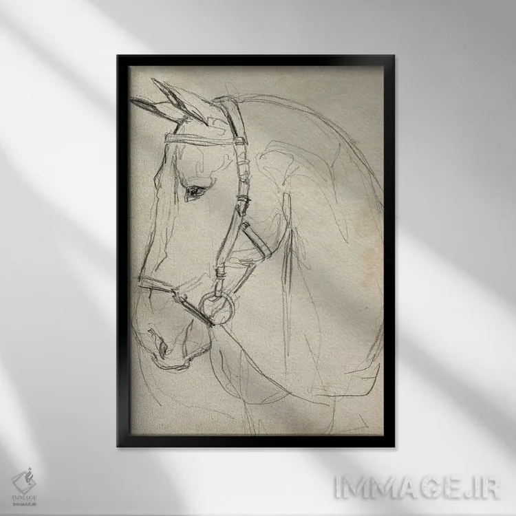 تابلو مدرن اسب با مهار به صورت طراحی ۲ اثر جنیفر پکستون پارکر - نمای قابدار مشکی