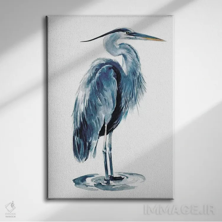 تابلو دکوراتیو هرون آبی ۱ اثر جنیفر پکستون پارکر - نمای روبهرو روی دیوار