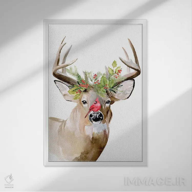 تابلو دکوراتیو گوزن تعطیلات ۲ اثر جنیفر پکستون پارکر - نمای قابدار سفید