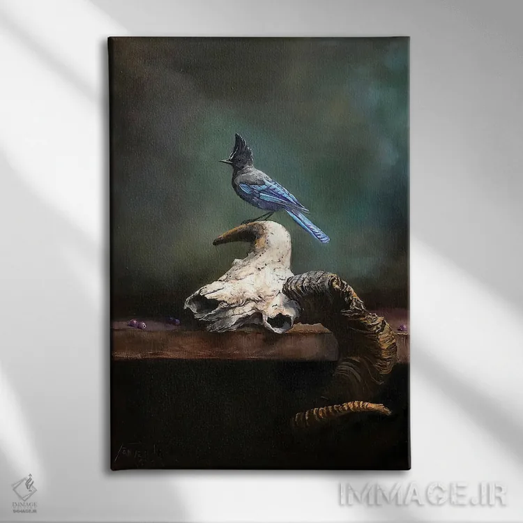 تابلو دکوراتیو Saskatoon Berries, And Steller's Jay,جمجمه قوچ، دانه های ساسکا… اثر یان پرلی - نمای روبهرو روی دیوار