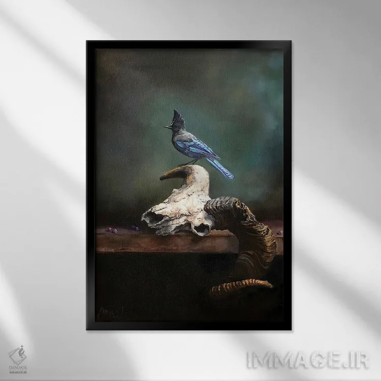 تابلو دکوراتیو Saskatoon Berries, And Steller's Jay,جمجمه قوچ، دانه های ساسکا… اثر یان پرلی - نمای قابدار مشکی