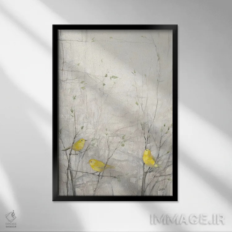 تابلو دکوراتیو پرندگان روی درخت ۱ اثر جولیا پورینتون - نمای قابدار مشکی