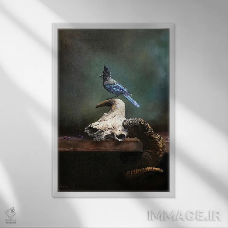 تابلو دکوراتیو Saskatoon Berries, And Steller's Jay,جمجمه قوچ، دانه های ساسکا… اثر یان پرلی - نمای قابدار سفید