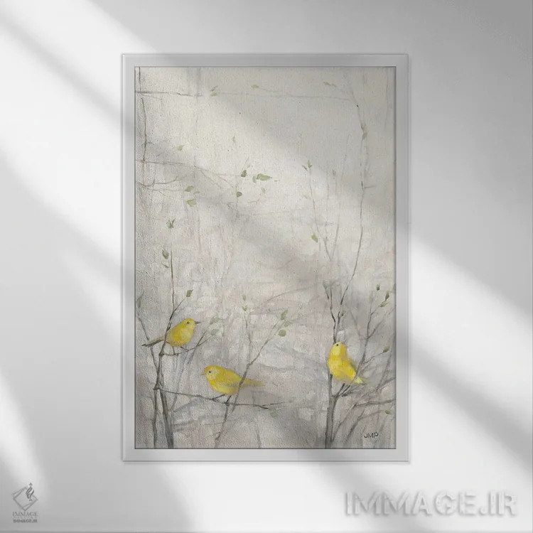 تابلو دکوراتیو پرندگان روی درخت ۱ اثر جولیا پورینتون - نمای قابدار سفید