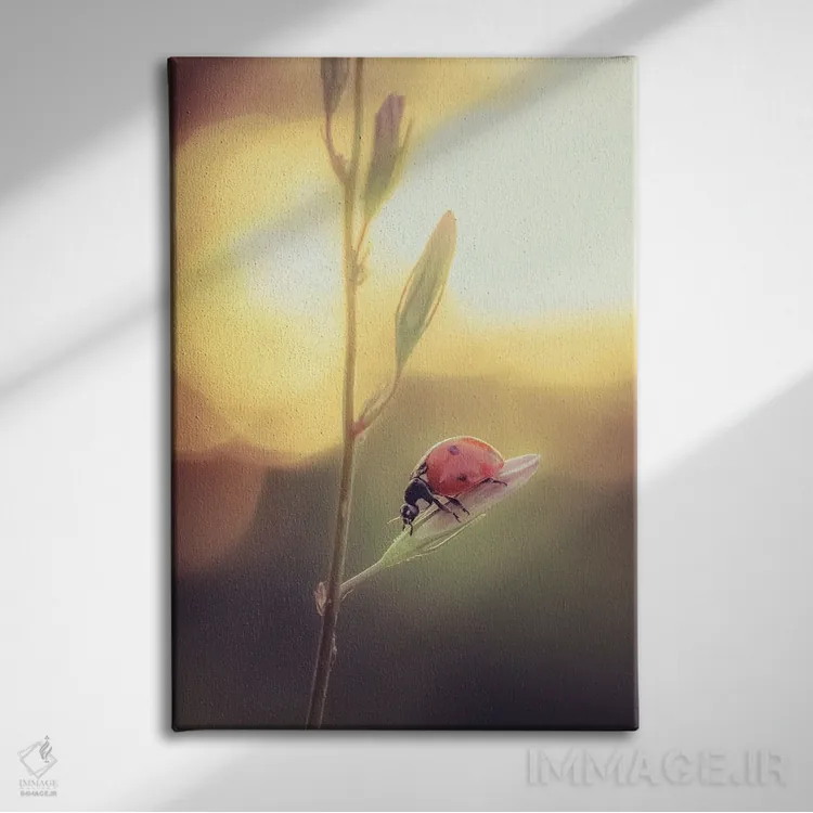 تابلو دکوراتیو کفشدوزک قرمز روی گل ناقوسک اثر جفرسون کاستلاری - نمای روبهرو روی دیوار