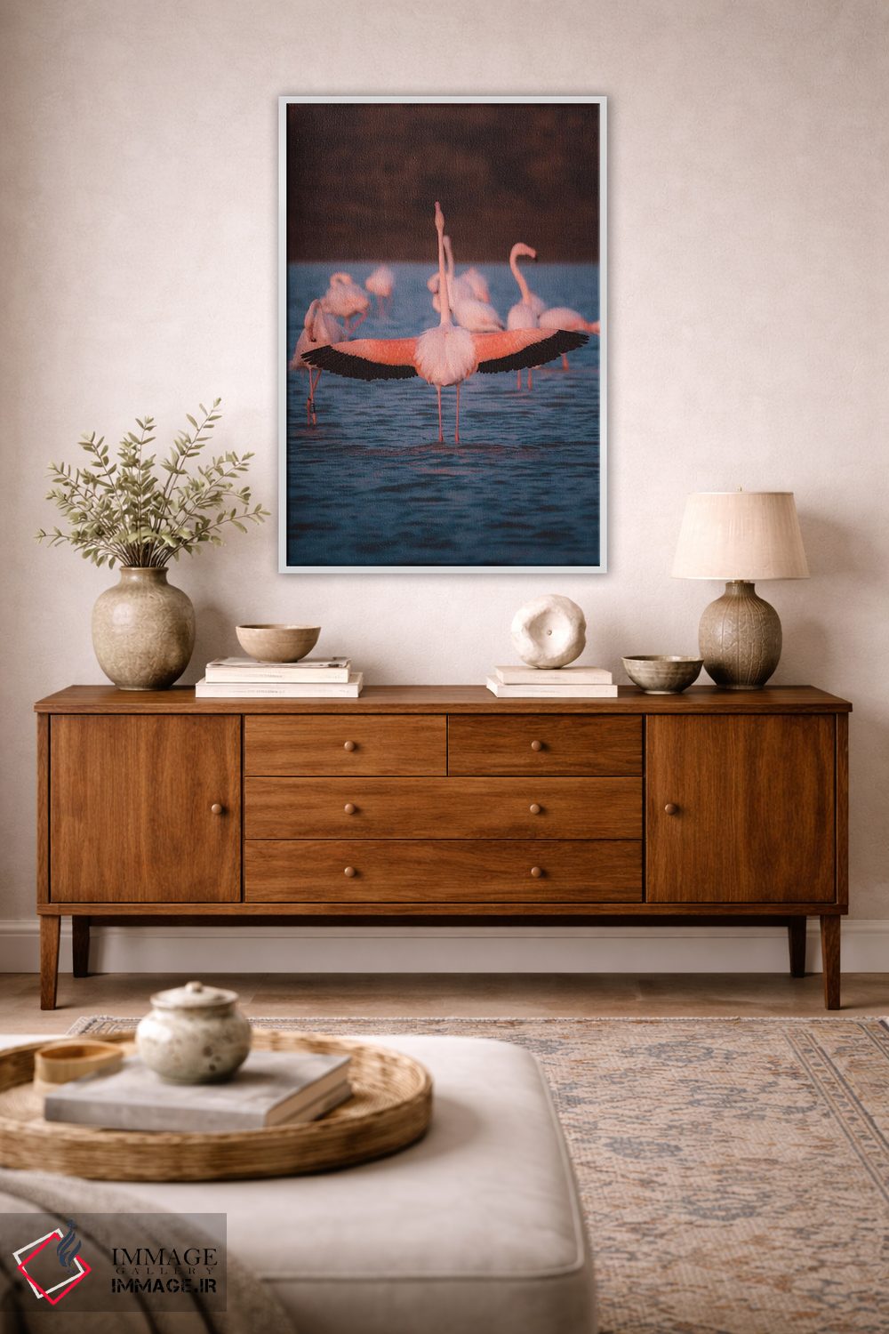 تابلو دکوراتیو نمای پشت فلامینگو با بال های باز نشان دهنده زیبایی آن اثر جفرسون کاستلاری - D2W