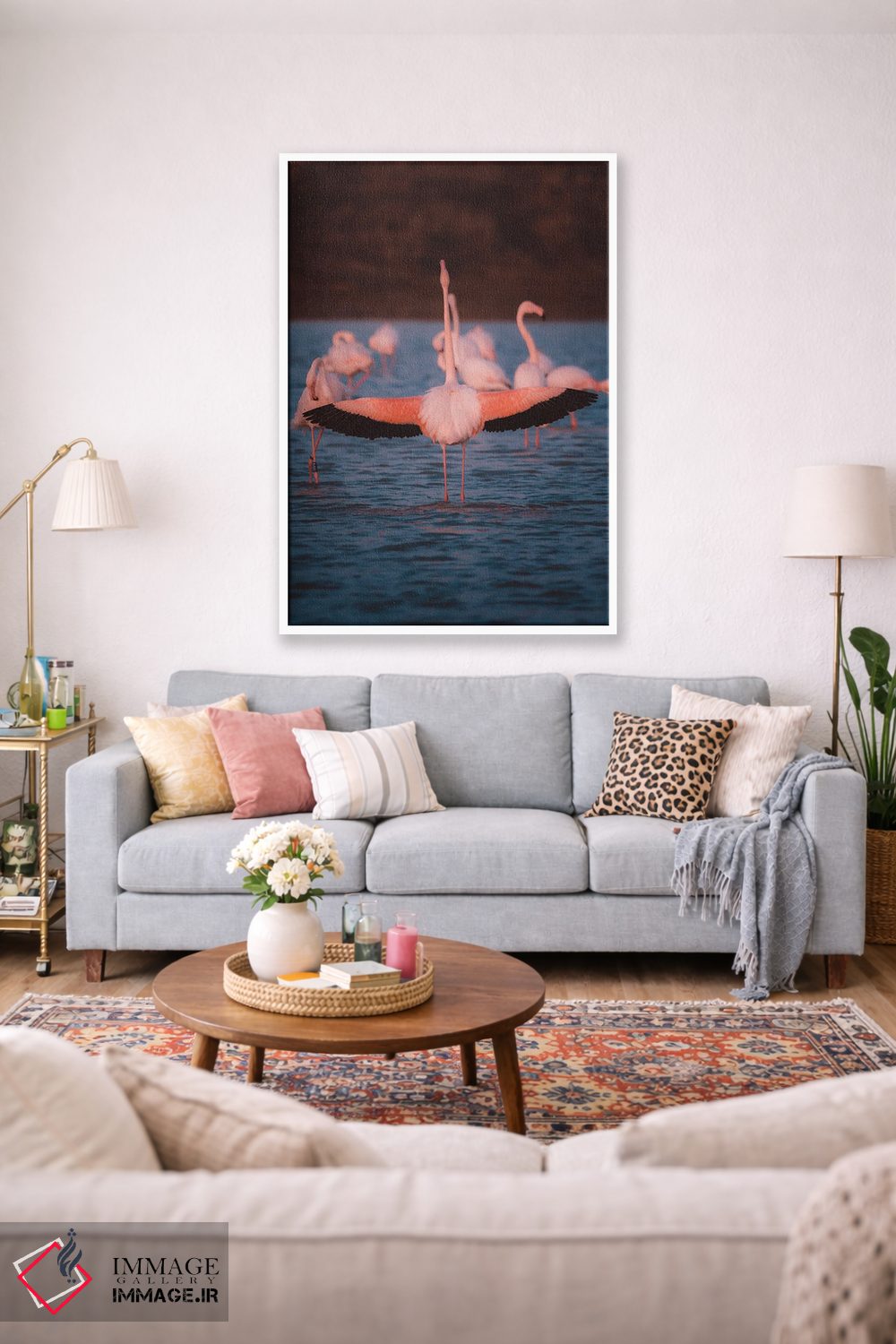تابلو دکوراتیو نمای پشت فلامینگو با بال های باز نشان دهنده زیبایی آن اثر جفرسون کاستلاری - D1W