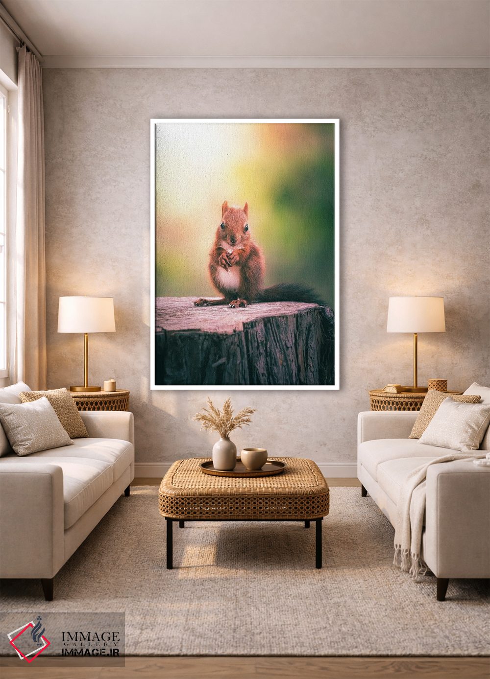 تابلو دکوراتیو سنجاب در حال خوردن دانه ها روی تنه درخت اثر جفرسون کاستلاری - D1W