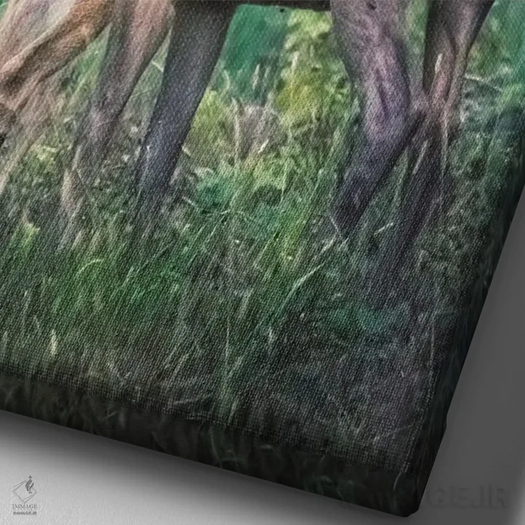 تابلو دکوراتیو آهو مادر در حال محافظت و پنهان کردن بچه اش اثر جفرسون کاستلاری - نمای نزدیک بافت بوم