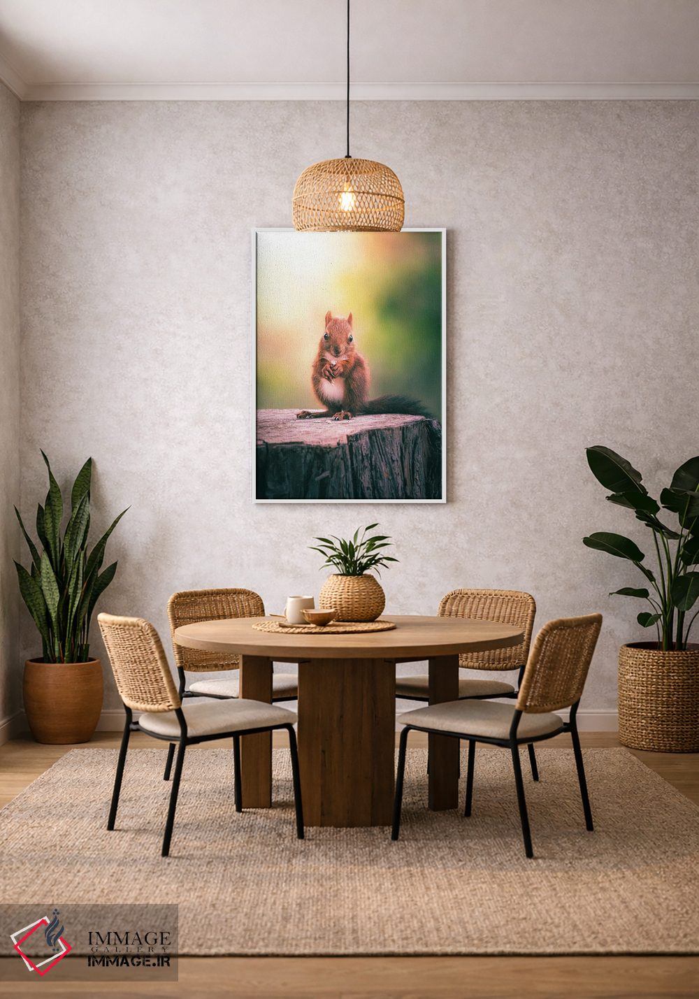 تابلو دکوراتیو سنجاب در حال خوردن دانه ها روی تنه درخت اثر جفرسون کاستلاری - D3W