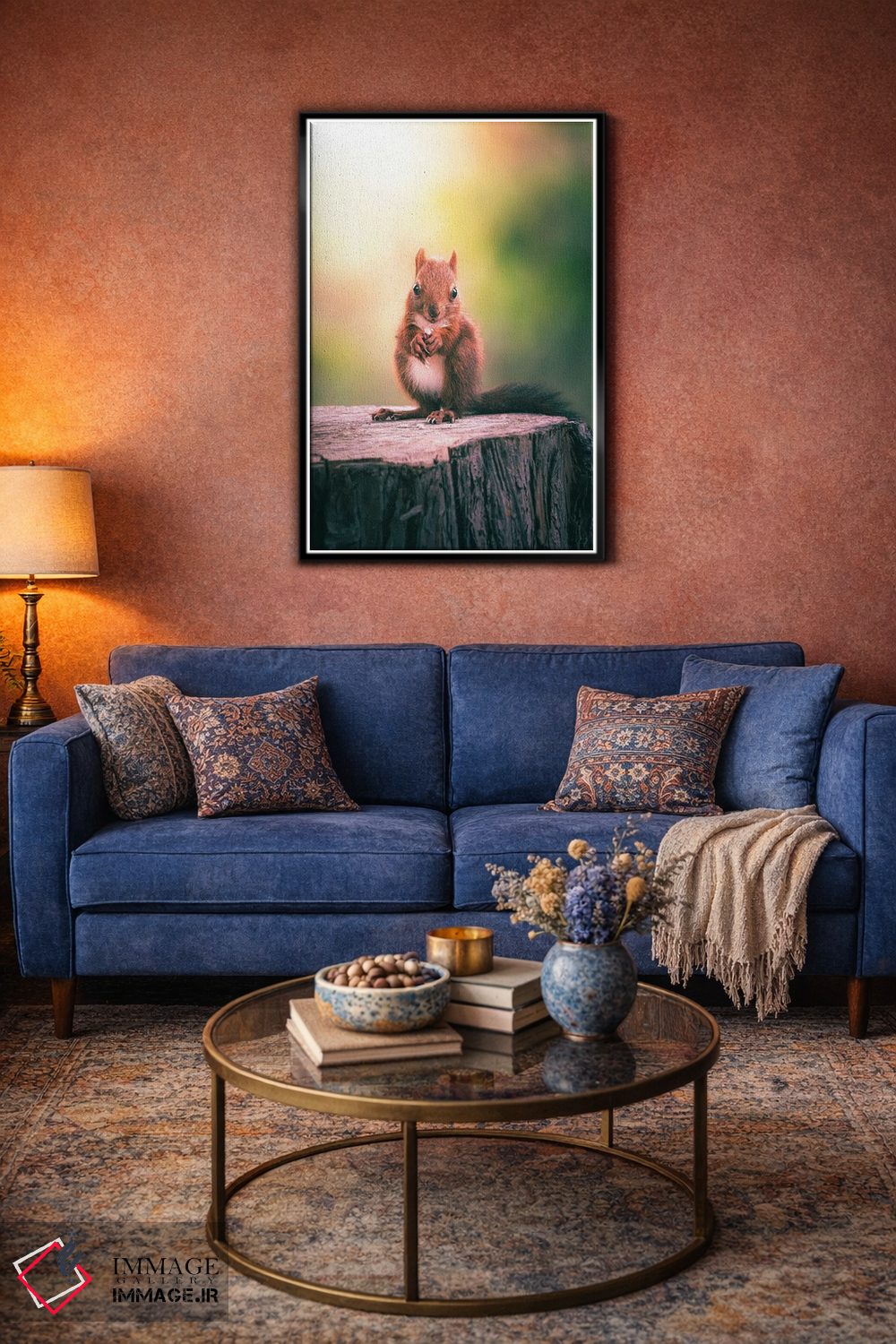 تابلو دکوراتیو سنجاب در حال خوردن دانه ها روی تنه درخت اثر جفرسون کاستلاری - D4B