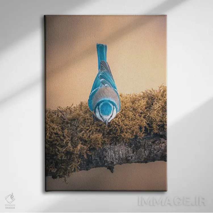 تابلو دکوراتیو دم آبی وارونه روی شاخه اثر جفرسون کاستلاری - نمای روبهرو روی دیوار