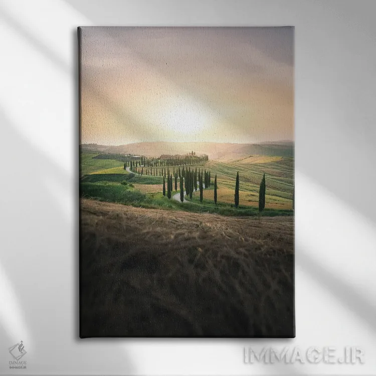 تابلو دکوراتیو منظره توسکانی با خیابان درختان سرو هنگام غروب اثر جفرسون کاستلاری - نمای روبهرو روی دیوار