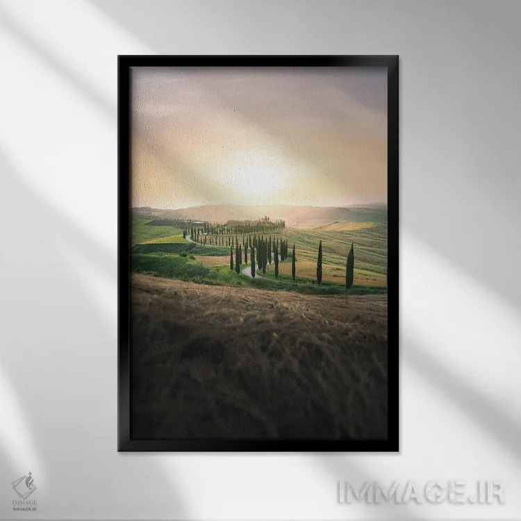 تابلو دکوراتیو منظره توسکانی با خیابان درختان سرو هنگام غروب اثر جفرسون کاستلاری - نمای قابدار مشکی