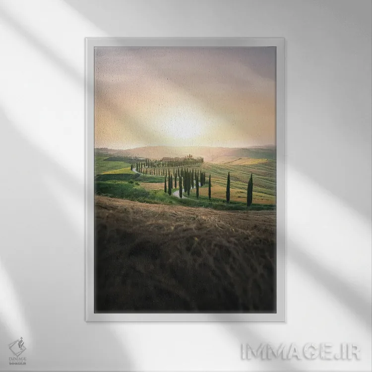 تابلو دکوراتیو منظره توسکانی با خیابان درختان سرو هنگام غروب اثر جفرسون کاستلاری - نمای قابدار سفید