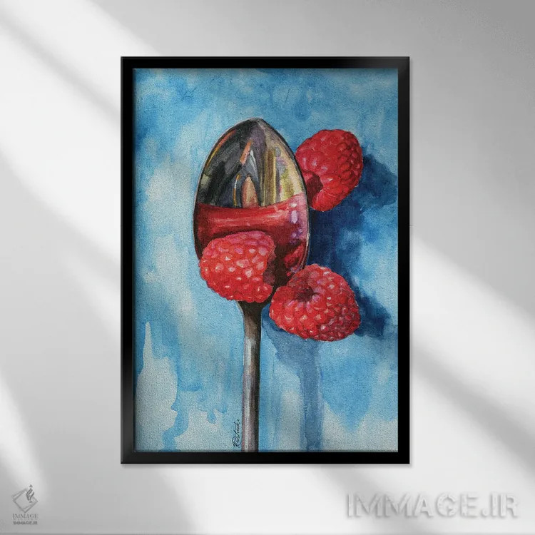 تابلو مدرن قاشق با تمشک اثر جنیفر رداستریک - نمای قابدار مشکی