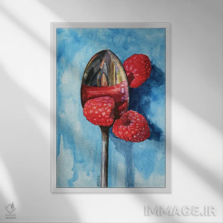 تابلو مدرن قاشق با تمشک اثر جنیفر رداستریک - نمای قابدار سفید