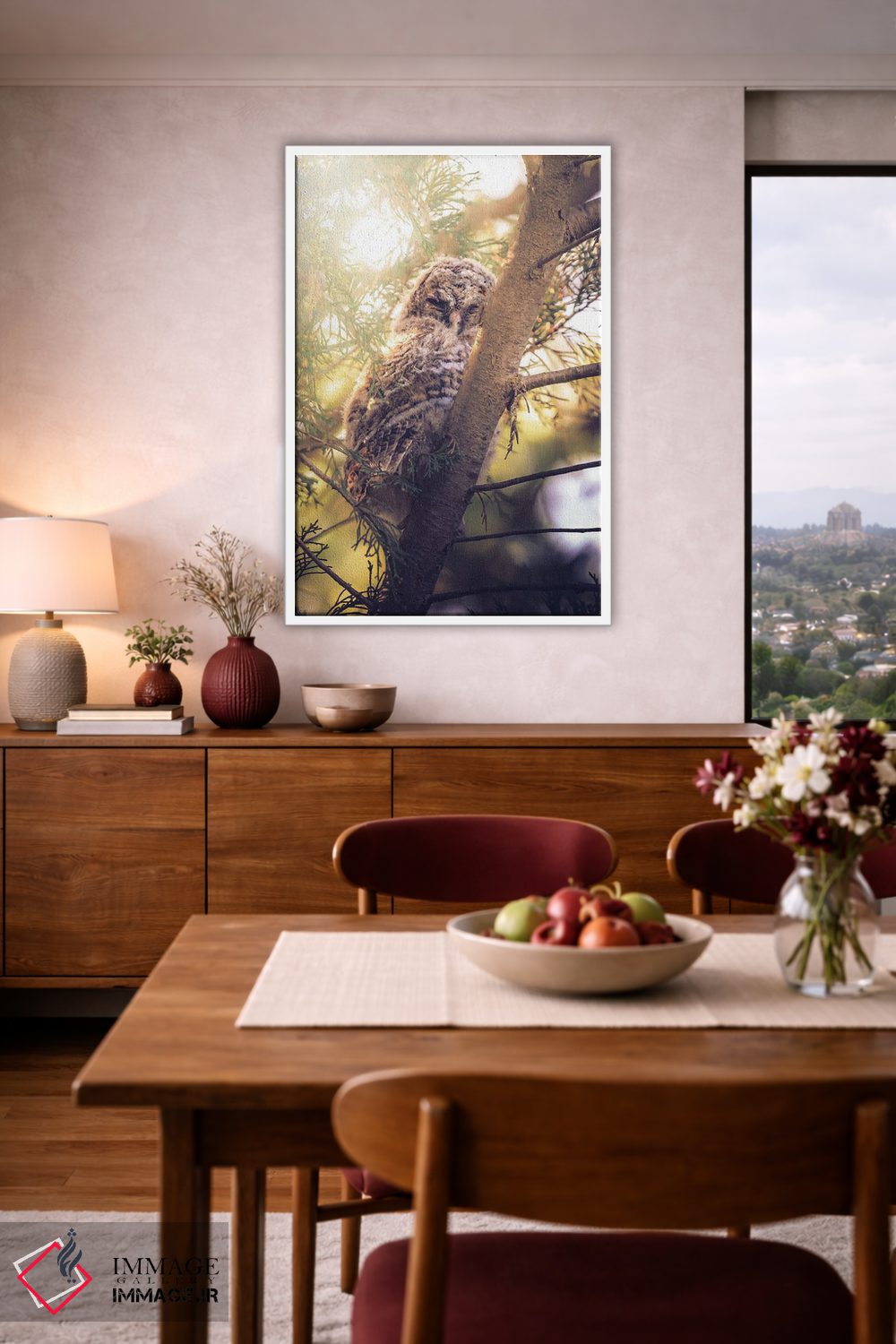 تابلو دکوراتیو جوجه جغد طلایی رنگ میان شاخه های سرو اثر جفرسون کاستلاری - D3W