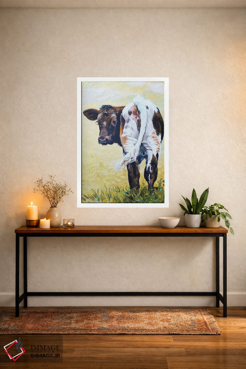 تابلو مدرن گوساله بر روی زمینه طلایی اثر جنیفر رداستریک - D3W