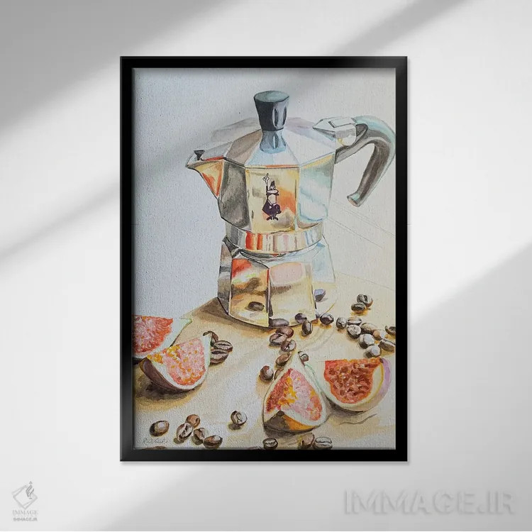 تابلو دکوراتیو قهوه با انجیر اثر جنیفر رداستریک - نمای قابدار مشکی