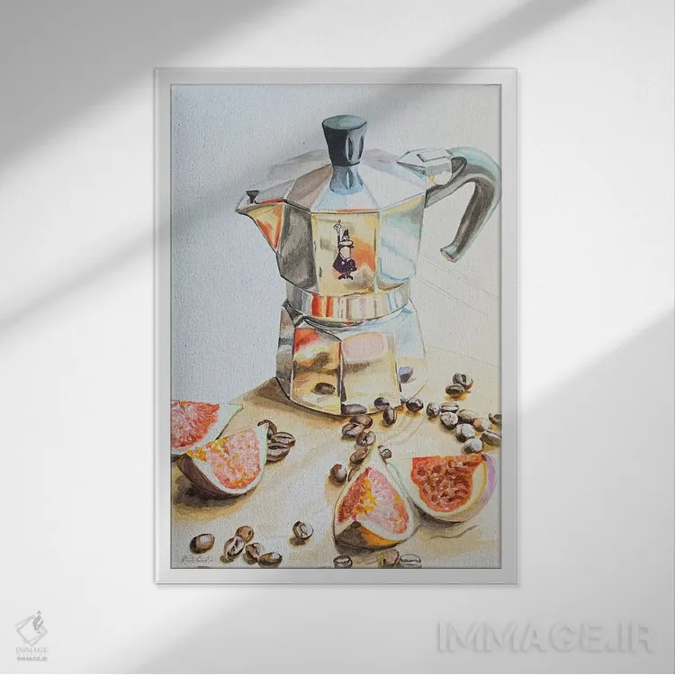 تابلو دکوراتیو قهوه با انجیر اثر جنیفر رداستریک - نمای قابدار سفید