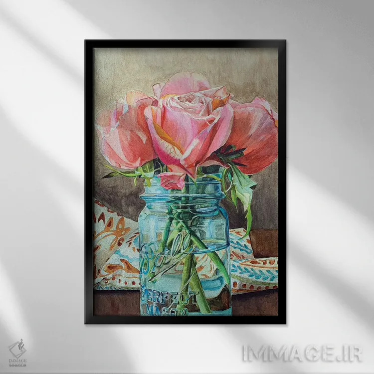 تابلو دکوراتیو گل رز در شیشه ی Ball II اثر جنیفر رداستریک - نمای قابدار مشکی