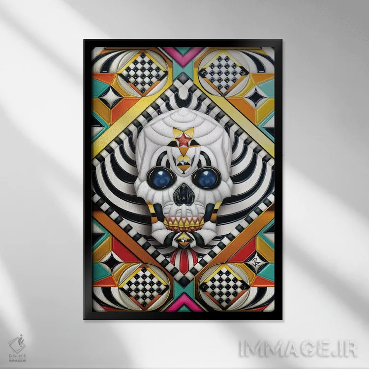 تابلو دکوراتیو جمجمه هندسی اثر جولیو روسی - نمای قابدار مشکی