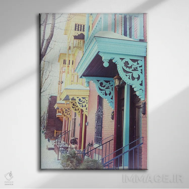 تابلو دکوراتیو Montreal,بالکن های رنگارنگ در زمستان، مونترال اثر جین ریکس - نمای روبهرو روی دیوار