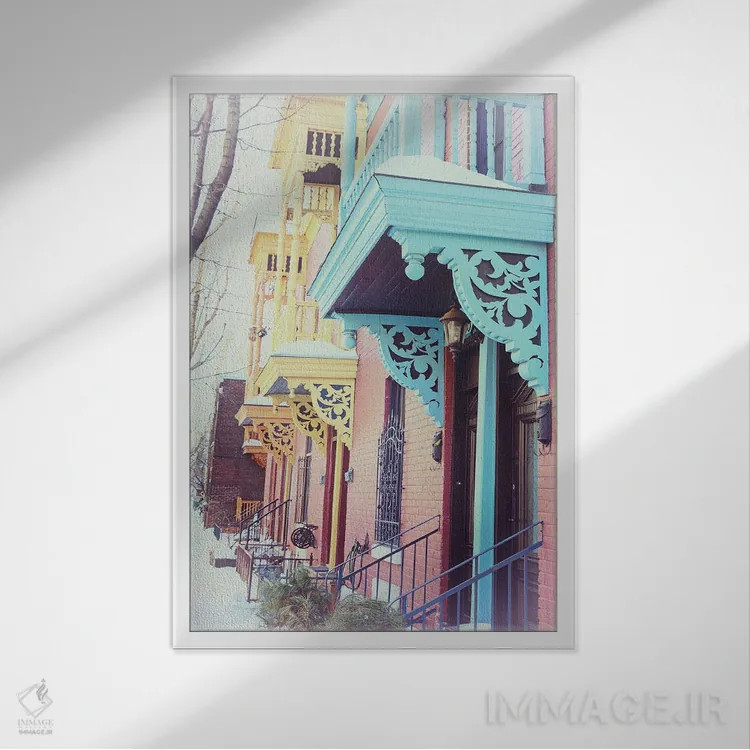 تابلو دکوراتیو Montreal,بالکن های رنگارنگ در زمستان، مونترال اثر جین ریکس - نمای قابدار سفید