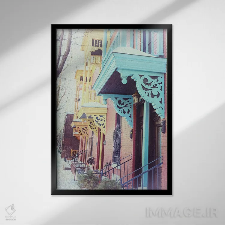 تابلو دکوراتیو Montreal,بالکن های رنگارنگ در زمستان، مونترال اثر جین ریکس - نمای قابدار مشکی