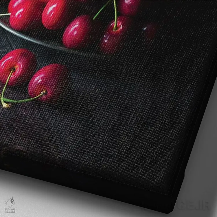 تابلو دکوراتیو گیلاس های شیرین روی بشقاب قلعی اثر جین ریکس - نمای نزدیک بافت بوم