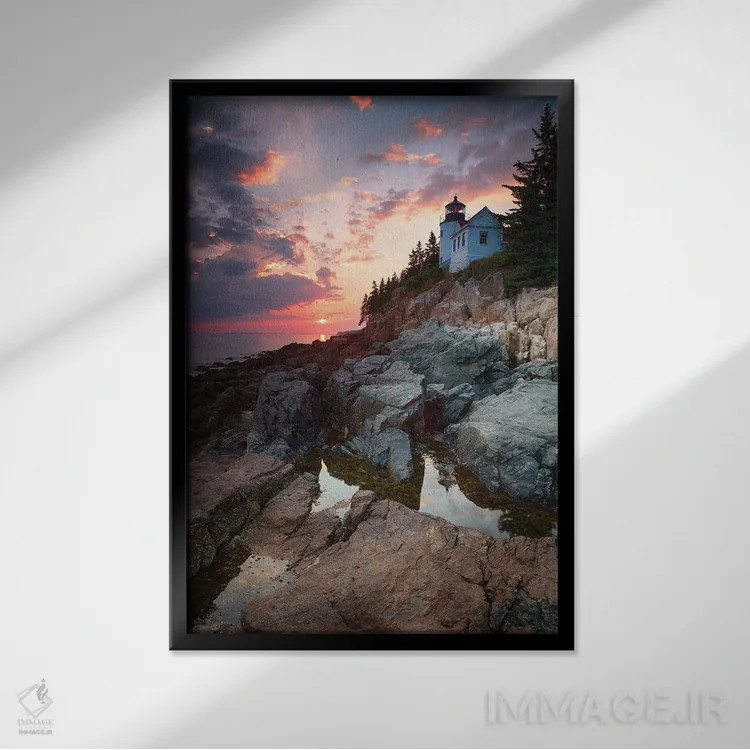 تابلو دکوراتیو Mount Desert Island, Maine, USA,غروب در فانوس دریایی بندر بس… اثر جین ریکس - نمای قابدار مشکی