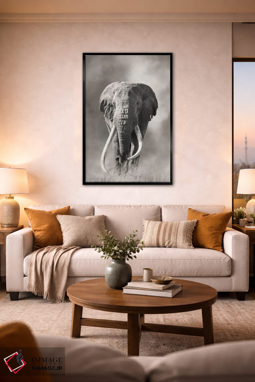 تابلو دکوراتیو فیل نر عظیم با عاج بزرگ از گرد و غبار پارک ملی امبوسلی بیرون م… اثر جین ریکس - D4B