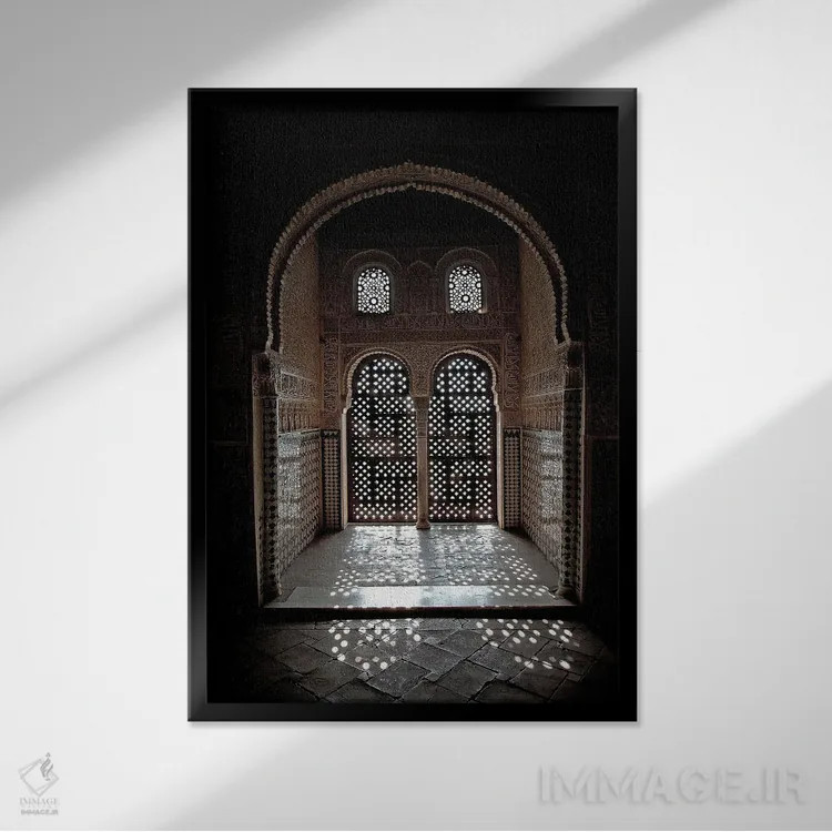 تابلو دکوراتیو Alhambra, Spain,پنجره عربسک در نور خورشید، الحمرا، اسپانیا اثر جین ریکس - نمای قابدار مشکی