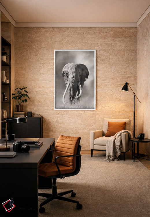 تابلو دکوراتیو فیل نر عظیم با عاج بزرگ از گرد و غبار پارک ملی امبوسلی بیرون م… اثر جین ریکس - D6W