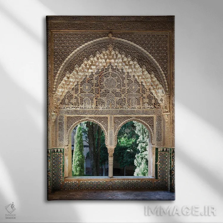 تابلو دکوراتیو Alhambra, Spain,پنجره با طراحی موریس الحمرا، اسپانیا اثر جین ریکس - نمای روبهرو روی دیوار
