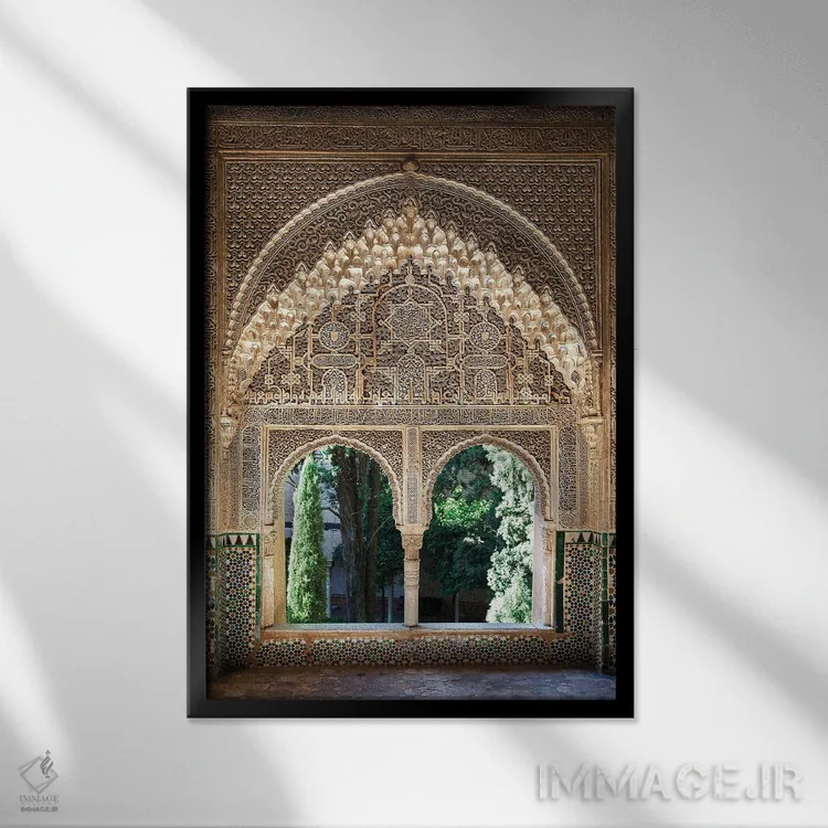 تابلو دکوراتیو Alhambra, Spain,پنجره با طراحی موریس الحمرا، اسپانیا اثر جین ریکس - نمای قابدار مشکی